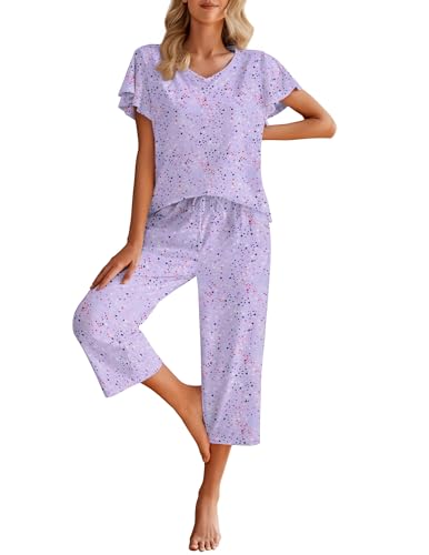 Image of Ekouaer Womens Cotton Pajamas Sets Short Sleeve Capri Pants with Pockets