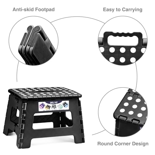 Image of Delxo 9 Inch Folding Step Stool, Black Step Stools for Kids Foldable,Portable Collapsible Step Stool with Handle, Folding Stool for Kitchen Bathroom,Bedroom,Garden