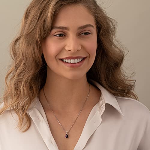 Peora Amethyst With Diamond Pendant For Women 14K White Gold, Genuine Gemstone Birthstone Teardrop Solitaire, 1.60 Carats Pear Shape 10X7Mm #TOP1