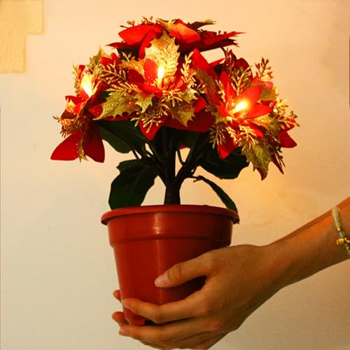 Flores de Pascua artificiales de seda con iluminación LED cálida permanente 6