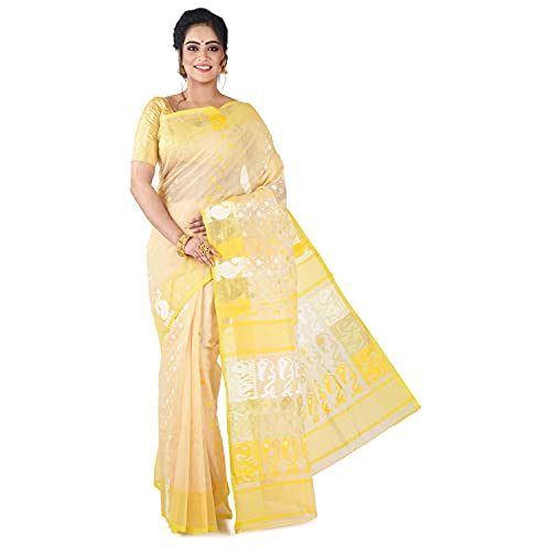 BigLimeTree Dhakai Jamdani Bengal Handloom Designer Saree Thread work Yellow and Grey Sari Dress Handcrafted Sarees For Women Indian Traditional Party Wear