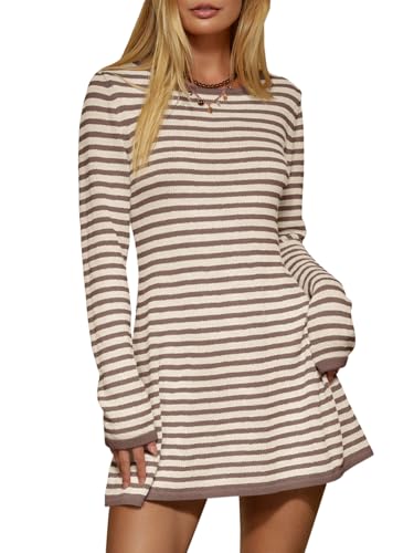 Saodimallsu Womens Striped Pullover Sweater Crew Neck Fall Long Sleeve Trendy Casual Ribbed Knit Tunic Mini Dress