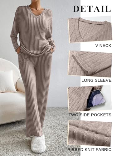 Yutdeng Zweiteiler Lounge Set Damen Strick Loungewear Damen Set Gerippt Hausanzug Winter Jogginganzug Freizeitanzug Sleepwear Weich Strickanzug 2 Teilig Strickpullover Top Langärm Hose Freizeit Outfit