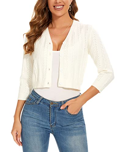 Mintlimit Women's Cardigans Shrugs For Dresses 3/4 Sleeve Cardigan V Neck Button Front Sweater Lightweight (White, Size M) #TOP7
