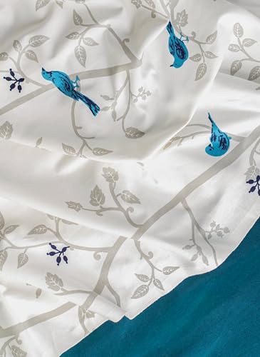 Image of Tranquebar Curtain Co. Cotton Curtains 7 Feet Long Set of 3, 60-65% Room Darkening, Blue Bird Print, Door Curtains 7 Feet Set of 3, BackTabs, Yori Blue Combo (213 cm) - Set of 3