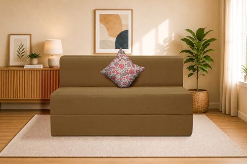 Image of One Seater Sofa Cum Bed Jute Fabric 3 X 6 Ft| Space Saving Foldable Sofa Bed for Living Room & Guest Room | Comfortable Multi-Functional Furniture - Golden