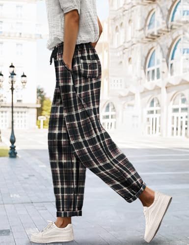 YESNO Women's Casual Straight Leg Pants Fall Drawstring Elastic High Waist Woolen Tapered Trousers with Pockets PWT3