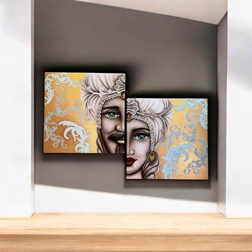 GMM Stampa su Tela Canvas Struttura in legno Quadro Moderno Rettangolare Stampe Decorative Tipiche Siciliane (Oro_azzurro coppia teste_di_moro)
