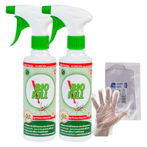 BIOKILL Insetticida Acaricida Microincapsulato No Gas, Ideale per Interni ed Esterni, Inodore e Non Macchia, Resiste a Umidità e Raggi Solari, 375ml + OMAGGIO 100pz Guanti HDPE Monouso (2 Flaconi)