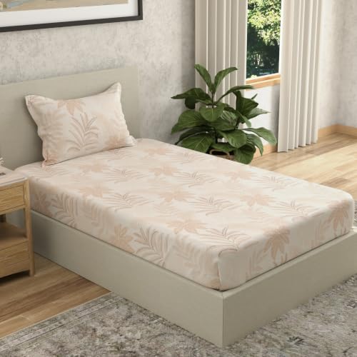 Image of Huesland by Ahmedabad Cotton 144 TC Bedsheet for Single Bed with 1 Pillow Cover | Pastle Orange, Moccasin & Antique White