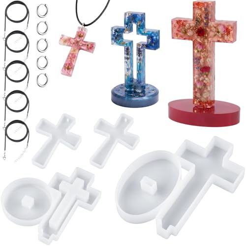 Cross Resin Mold Set with Base Silicone Standing Cross Molds and Cross Pendant Necklace Molds DIY Epoxy Resin Mold Kit with 5 Black Cords and 5 Jump Rings for Resin Soap Wax Plaster Crafts