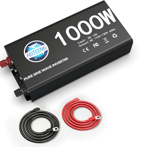 FT feiteeng 1000W Pure Sine Wave Inverter 12V DC to 120V AC for Laptops Vehicles Homes Solar Outdoor Car Power Inverter with AC Outlets 2 USB Ports LED Display Peak 2000W