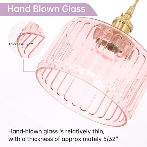 Image of Shenmoyl Pendant Light with Pink Striped Glass Lmapshade, Brass Vintage Pendant Light Adjustable Hanging Light for Kitchen Island Dining Room Hallway