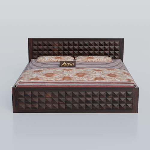 Image of Solid Sheesham Wood Queen Size Bed with Storage Box | Wooden Double Bed for Bedroom | Diamond Design Double Bed Cot Palang for Home | Rosewood, Walnut Finish