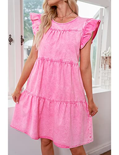 Luvamia Ruffle Sleeve Babydoll Dress For Women Jean Dresses For Women Denim Women's Cocktail Dresses Pleated Dress For Women Swing Dress For Women Aurora Pink Size Large Fits Size 12 / Size 14 #TOP3