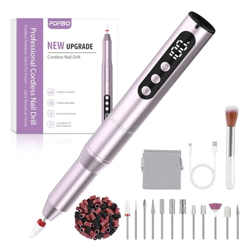 POFIBO Cordless Electric Nail Drill 12 in 1 Rechargeable e File Machine with LCD 5 Speeds 35000RPM Professional Electric Nail File for Acrylic & Gel Nails Manicure & Pedicure