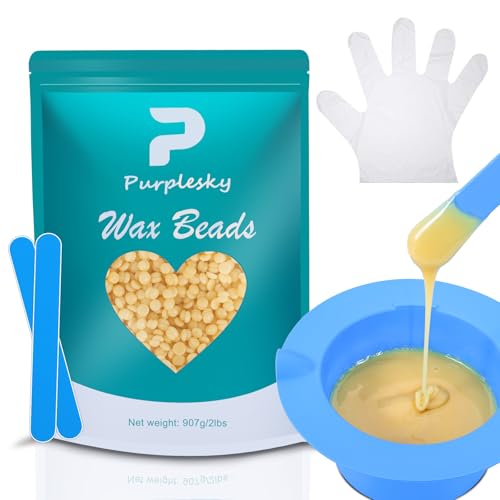PURPESKY Wax Beads Bulk, 2lbs Hard Waxing Beans for Hair Removal, Brazilian Coarse Wax for Face, Leg, Bikini, Home Waxing Kit with Collapsible Bowl/Pot &amp; Collapsible Bowl (Cream)