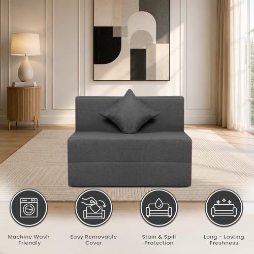 Image of Seventh Heaven Rejioce 1 Seater 6 * 3 Jute Fabric Washable Cover Sofa Cum Bed with 1 Cushion 1 Seater Single Foam Fold Out Sofa Cum Bed (Finish Color - Grey Delivery Condition - Pre-Assembled)