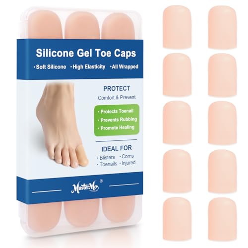 MasterMo 10 Pack Big Toe Gel Caps and Protector Silicone Toe Bandages Covers - Provide Relief for Missing or Ingrown Toenails Corns & Blisters - Ideal for Women and Men (Nude Large)