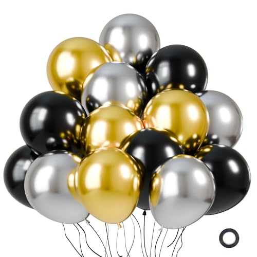 Image of KBZVNAF Black Gold Silver Latex Balloons - 60 Packs 12 Inches Black Metallic Chrome Gold Silver Balloons for Birthday Wedding Baby Shower Graduation Party Decoration