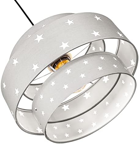 Unique and Modern Triple Tier Soft Grey Cotton Fabric Childrens Pendant Shade with Stars Decoration | 30cm Diameter | 60w Maximum by Happy Homewares