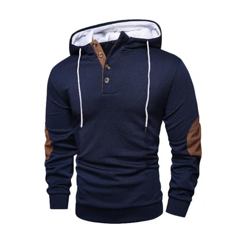 TOMITANY Mens Hoodies Casual Textured Long Sleeve 1/4 Button Pullover Hooded Sweatshirts Elbow Patchwork