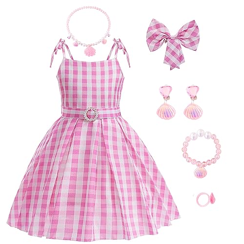 uivic Disfraz rosa para niñas, traje de cosplay de película de muñecas, vestido de cuadros rosa y blanco para fiesta infantil de cumpleaños (rosa2 con accesorios, 5-6 años)