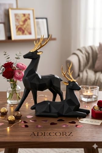 Image of Decorative Resin Deer Figurines, Resin, 25 cm Height, Set of 2, Standing and Sitting Deer Statues Geometric Showpiece for Home Decor | Housewarming Gift (Black)