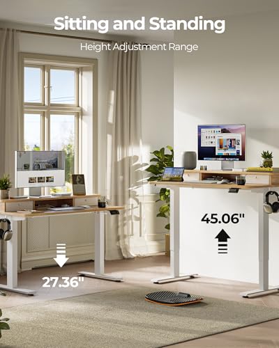 Image of FEZIBO 48 x 24 Inch Height Adjustable Electric Standing Desk with Double Drawer, Stand up Home Office Computer Desk with 4 Height-Adjustable Feets & 2 Hooks,Maple