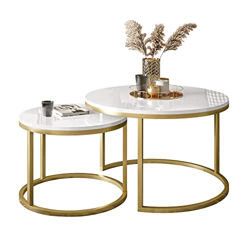 lukmebel Couchtisch rund - CIRI 2in1 - Beistelltisch rund - Kaffetisch - Industrial Deko - Deko Wohnzimmer - Kleiner Beistelltisch - Sofatisch - Kleiner Tisch - Gold Matt, Weiß Hochglanz