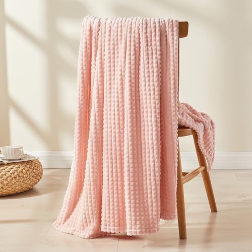 Image of EMME Fleece Blanket, 3D Jacquard Throw Blanket for Couch and Bed, Soft Cozy and Fluffy Blankets Lightweight Luxury Flannel with Geometric Grid Design (Pink, 50 inch x 60 inch)