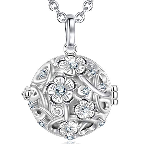 AEONSLOVE Harmony Ball Pregnancy Necklace, Vintage Flower Harmony Ball Locket Angel Chime Caller Bell 20mm Mexican Bola Balls Pendant Necklaces for Women, 30"/45'' Chain