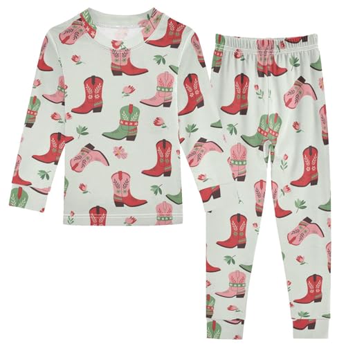 Pajama Sets Long Sleeve Cowboy Boots Floral Pattern Soft Comfy Sleepwear 2 Piece PJS 3-8T