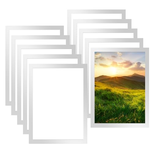 10pcs A4 Frame, A4 Poster Frame Magnetic Photo Frames with Adhesive Backing, (210 X 297mm) A4 Frame Self Adhesive Picture Frames for Paintings Photos Notices Certificate Poster-Silver
