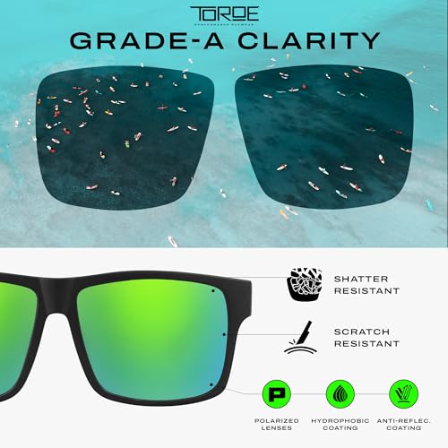 Image of TOROE TR90 Square Frame Sunglasses, Matte Black, Midnight Green | Grade A Polarized, Black Emblem, Anti Reflective, Water Repellent, Polycarbonate Lenses