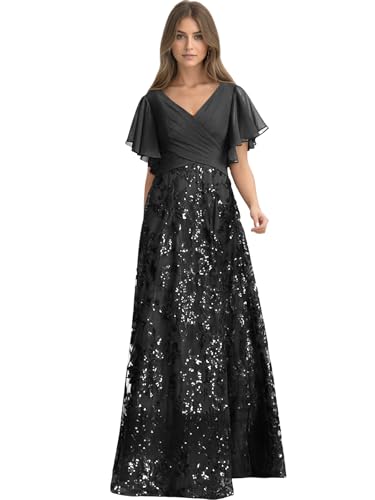 V Neck Mother of The Bride Dresses for Women Sequin Laces Evening Formal Dress with Sleeve
