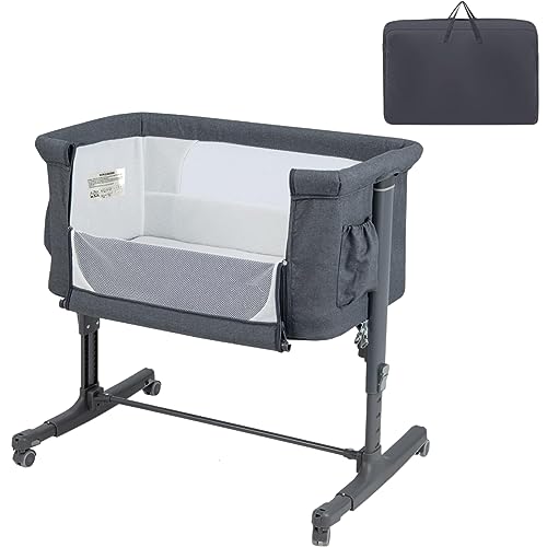Maxmass 3 In 1 Bedside Crib, Co-Sleeping Baby Cot with Safe Strap, Soft Mattress, Universal Wheels and Carry Bag, Portable Moving Bassinet for 0-5 Months (Grey)