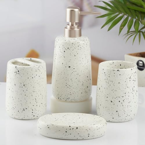 Image of Kookee Ceramic Bathroom Accessories Set 4 Piece - Soap Dispenser, Toothbrush Holder, Tumbler & Soap Dish | Modern Countertop Decor for Home & Guest Bathroom, White (10383)