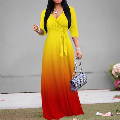 Image of PinkPatty Women's Plus Size Maxi Dresses Casual Flowy 3 /4 Sleeves Dress Printed Vacation Dress for Daily Wear with Belt