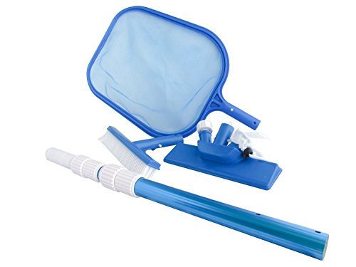 FibroPool Above Ground Pool Maintenance Kit – Telescoping Pole, Leaf Skimmer Net, Vacuum Head, Pool Brush, Floating Chlorinator & Test Strips – Easy Clean Kit for Inflatable & Soft-Sided Pools