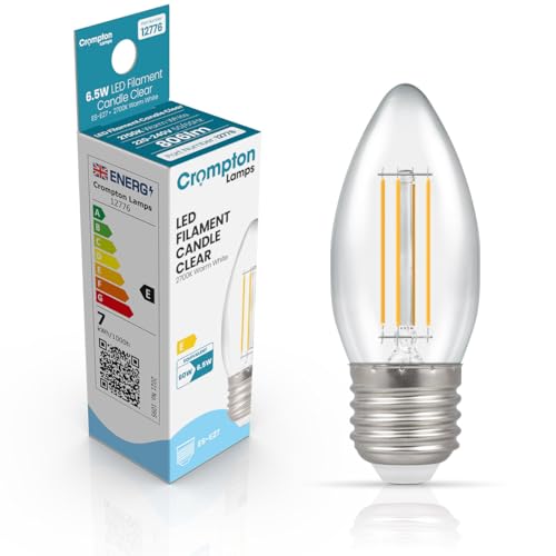 Crompton Lamps Filament Candle LED Light Bulb ES-E27 | 6.5W = 60W Equivalent | Warm White 2700K | Energy Efficient | Edison Screw Lightbulb | Long Life 10000-Hrs | Clear Glass