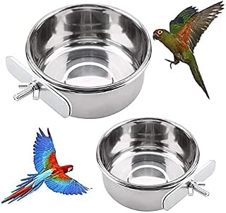 YAXIDAEVER 2 Pcs Stainless Steel Parrot Feeding Cups,Bird Feeding Dish Cups with Clamp,Parrot Food Bowl Clamp Holder,Bird Cage Water Bowl for Bird Parrot Small Animal