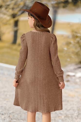 YOVION Girls Fall Knit Dress Crew Neck Puff Long Sleeve Casual Tunic Dresses with Pockets 6-12 Y4