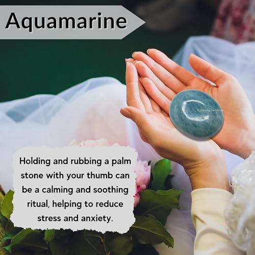 Image of Aquamarine Crystals and Healing Stones - Large Palm Stone Crystals Piedra - Crystal for Good Luck, Positive Energy, Meditation - Unique Stocking Stuffers and Birthday Gifts for Women, Men