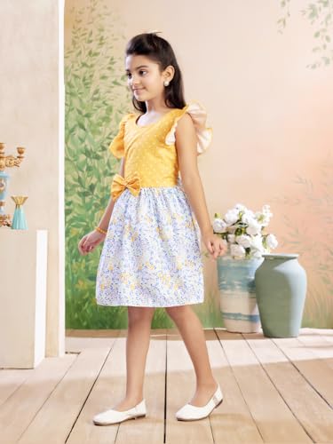 Image of Aarika Girls Casual Wear Firozi Colour Polka DotFloral Print Cotton Blend Frock