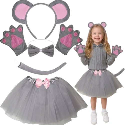 Kirei Sui Mouse Costume for Girls, 6-Piece Rat Accessories, Gray