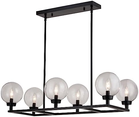 VAXCEL Lander 6 Light Matte Black Linear Chandelier Island Pendant Fixture with Clear Glass Globes