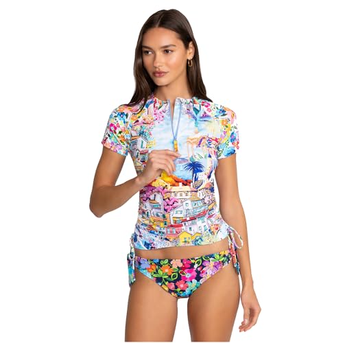 Johnny Was Cannes Drawstring Surf Shirt Short Swim Rush Guard White Blue Top New