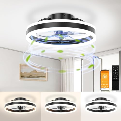 TaoQfunny Ceiling Fans with Lights and Remote Control Flush Mount Modern Indoor LED Dimmable Low Profile Ceiling Fans,3000K-6500K Smart 3 Light Color Change and 6 speeds (Black, Ø 40CM)