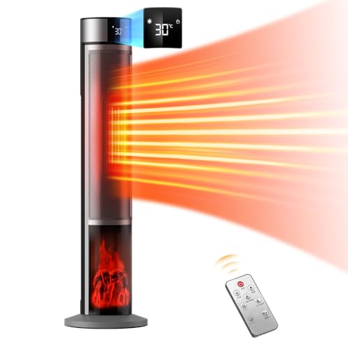 セラミックヒーター ヒーター速暖 【2025新開発&ECO恒温省エネ&マイナスイオン】 電気ファンヒーター タワー型 3D疑似炎 ...